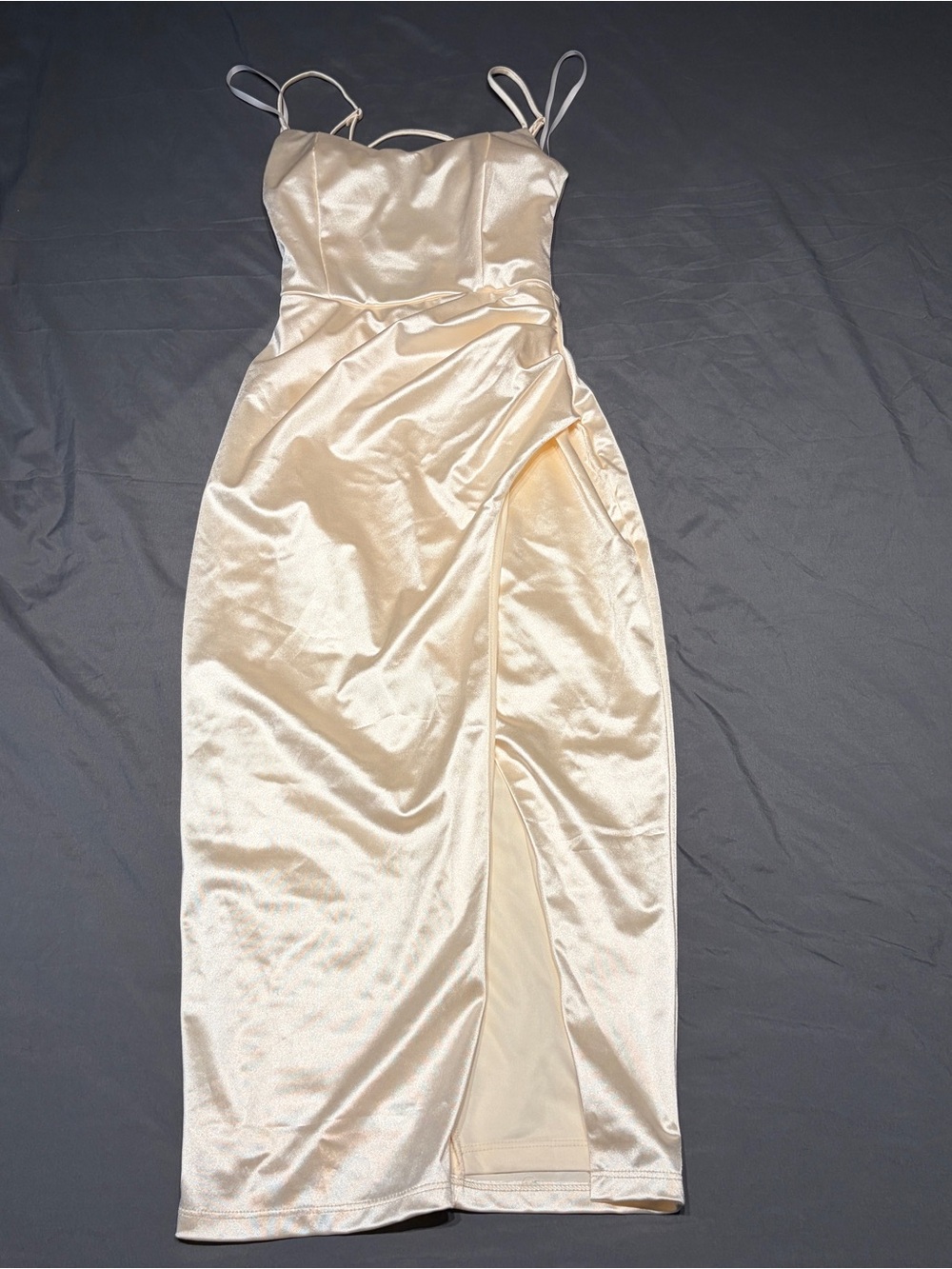 Windsor Strappy Back Midi Dress Ivory Satin Sheen Bodycon XS NWT 05001-2760